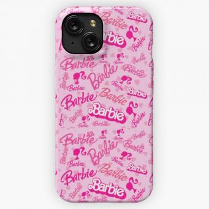 All Barbie Logo Collage With Pink Hearts Pattern Pink Background iPhone 15 Slim Phone Case Cover
