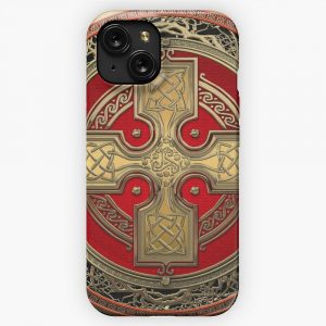 Ancient Celtic Sacred Gold Knot Cross Over Black Leather iPhone 15 Slim Phone Case Cover