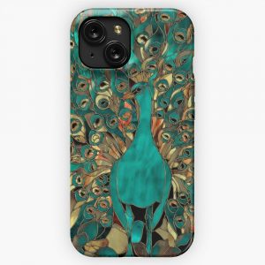 Aqua And Gold Peacock Stained Glass iPhone 15 Slim Phone Case Cover