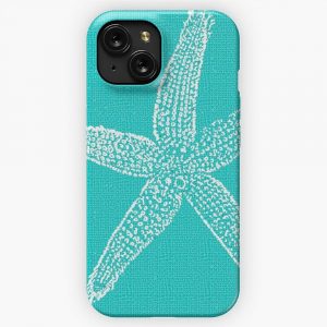 Aqua Blue With White Starfish iPhone 15 Slim Phone Case Cover