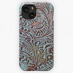Aqua Brown Tooled Leather Pattern iPhone 15 Slim Phone Case Cover
