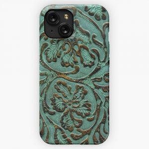 Aqua Flowers Tooled Leather Pattern iPhone 15 Slim Phone Case Cover