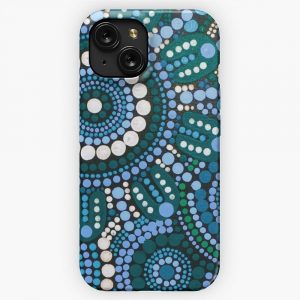 Australian Aboriginal Art Turquoise Blue Pattern Family Gathering iPhone 15 Slim Phone Case Cover