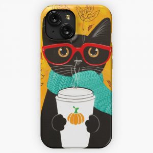Autumn Pumpkin Coffee Cat iPhone 15 Slim Phone Case Cover