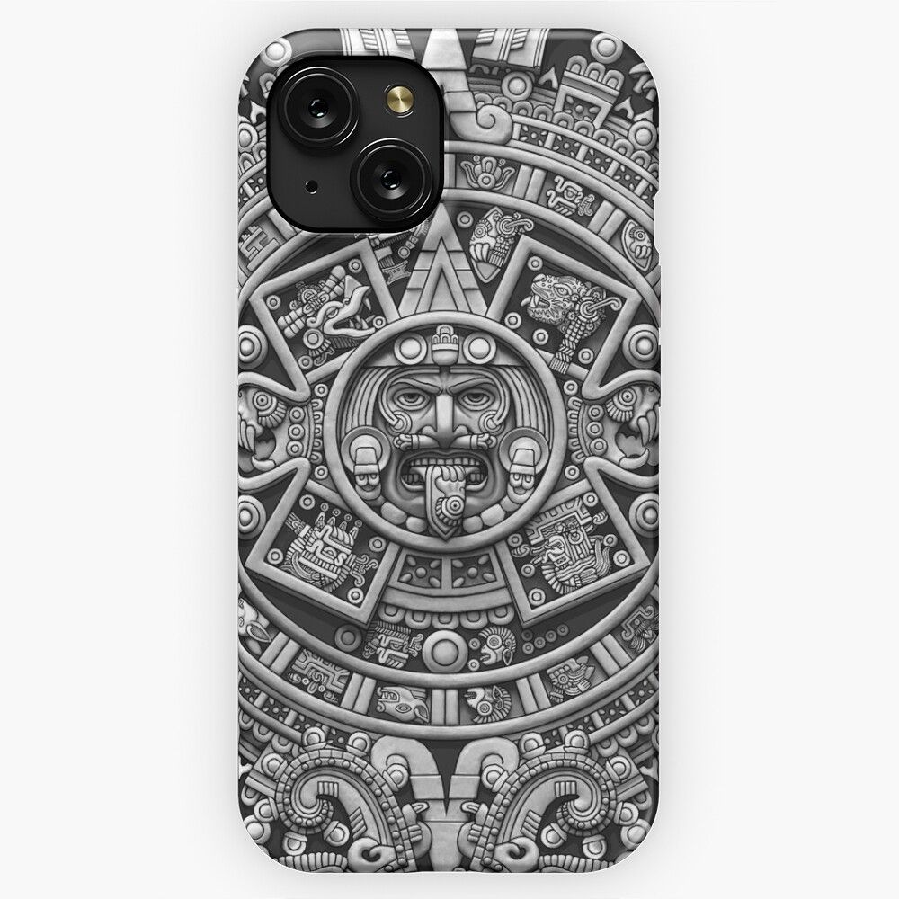 Aztec Calendar Sun Stone Greyscale iPhone 15 Slim Phone Case Cover