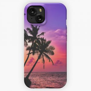 Beautiful Tropical Pink Palm Tree Sunset iPhone 15 Slim Phone Case Cover