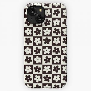 Black And Off White Checkered Squares With Flowers iPhone 15 Slim Phone Case Cover