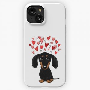 Black And Tan Dachshund With Valentine Hearts Cute Cartoon Wiener Dog iPhone 15 Slim Phone Case Cover