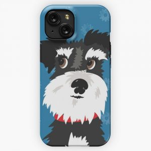 Black And White Miniature Schnauzer Dog With Blue Daisies iPhone 15 Slim Phone Case Cover