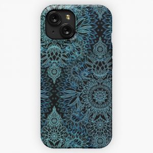 Black Teal Aqua Protea Doodle Pattern iPhone 15 Slim Phone Case Cover