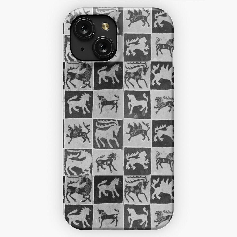 Black White Medieval Bestiary Deers Unicorns Lions Antique Scandinavian Tapestry iPhone 15 Slim Phone Case Cover