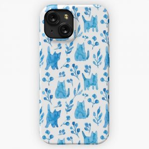 Blue Watercolor Cats Flowers And Berries Summer Art iPhone 15 Slim Phone Case Cover