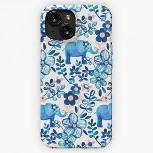 Blush Pink White And Blue Elephant And Floral Watercolor Pattern iPhone 15 Slim Phone Case Cover