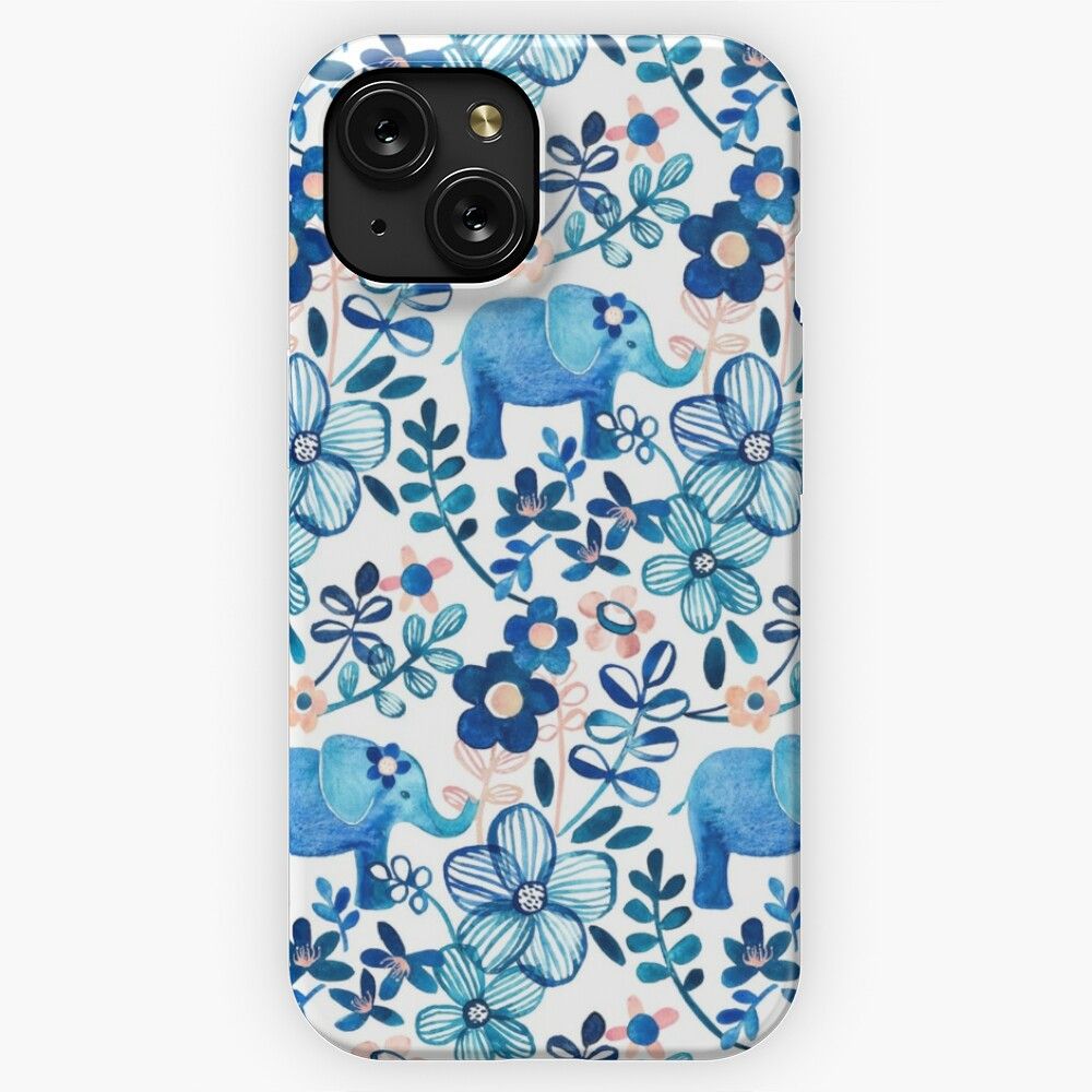 Blush Pink White And Blue Elephant And Floral Watercolor Pattern iPhone 15 Slim Phone Case Cover