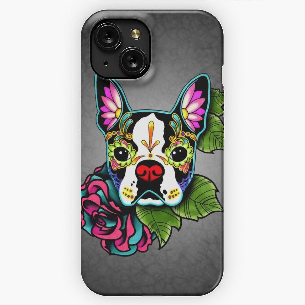Boston Terrier In Black Day Of The Dead Sugar Skull Dog iPhone 15 Slim Phone Case Cover