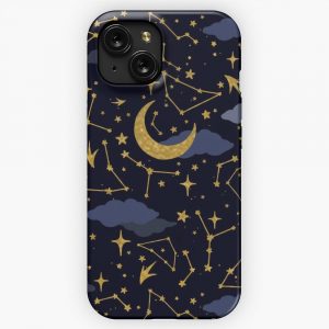Celestial Stars And Moons In Gold And Dark Blue iPhone 15 Slim Phone Case Cover