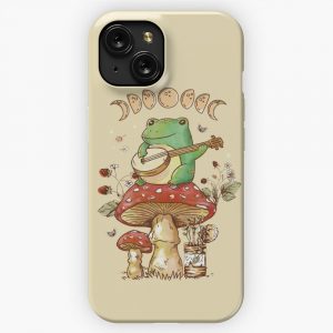 Cottagecore Aesthetic Frog With Banjo Mushroom Moon Phases Art iPhone 15 Slim Phone Case Cover