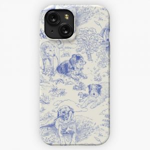 Country Dogs Toile With Collie Aussie And Jack Russell Terrier In Blue And White iPhone 15 Slim Phone Case Cover