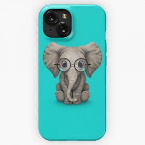 Cute Baby Elephant Calf With Reading Glasses On Blue iPhone 15 Slim Phone Case Cover