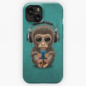 Cute Baby Monkey With Cell Wearing Headphones Blue iPhone 15 Slim Phone Case Cover