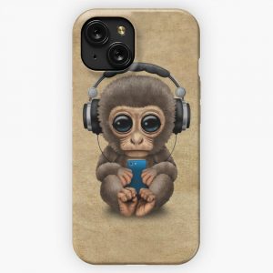 Cute Baby Monkey With Cell Wearing Headphones iPhone 15 Slim Phone Case Cover