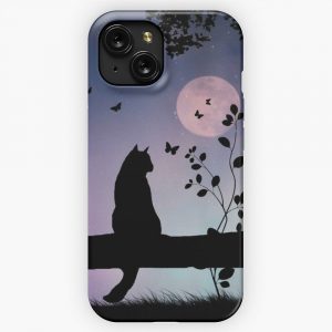 Cute Cat And Butterflies In Full Moon iPhone 15 Slim Phone Case Cover