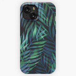 Dark Green Palms Leaves Pattern iPhone 15 Slim Phone Case Cover