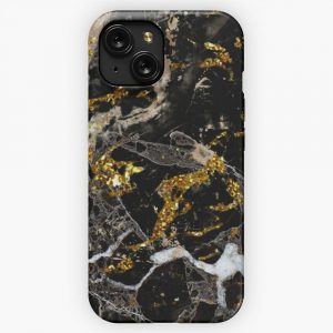 Dark Marble Stone Pattern With Golden Glitter iPhone 15 Slim Phone Case Cover