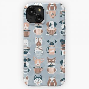 Doggie Coffee And Tea Time 1 Blue Grey Background iPhone 15 Slim Phone Case Cover