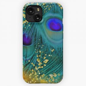 Dreamy Peacock Feathers Teal And Purple Glimmering Gold iPhone 15 Slim Phone Case Cover