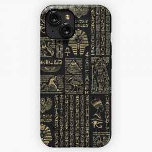 Egyptian Hieroglyphs And Deities Gold On Black iPhone 15 Slim Phone Case Cover