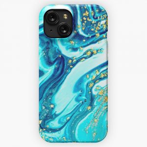 Emerald Blue Carnival Glass And Gold Mint Color Tie Dye Pastel Swirl Fluid Art Paint Texture Design iPhone 15 Slim Phone Case Cover