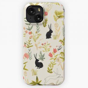 Flowers Pattern With Little Black Rabbits iPhone 15 Slim Phone Case Cover