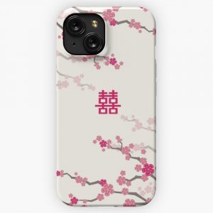 Fuchsia Pink Oriental Cherry Blossoms On Cream And Chinese Wedding Double Happiness Japanese Sakura Fatfatin iPhone 15 Slim Phone Case Cover