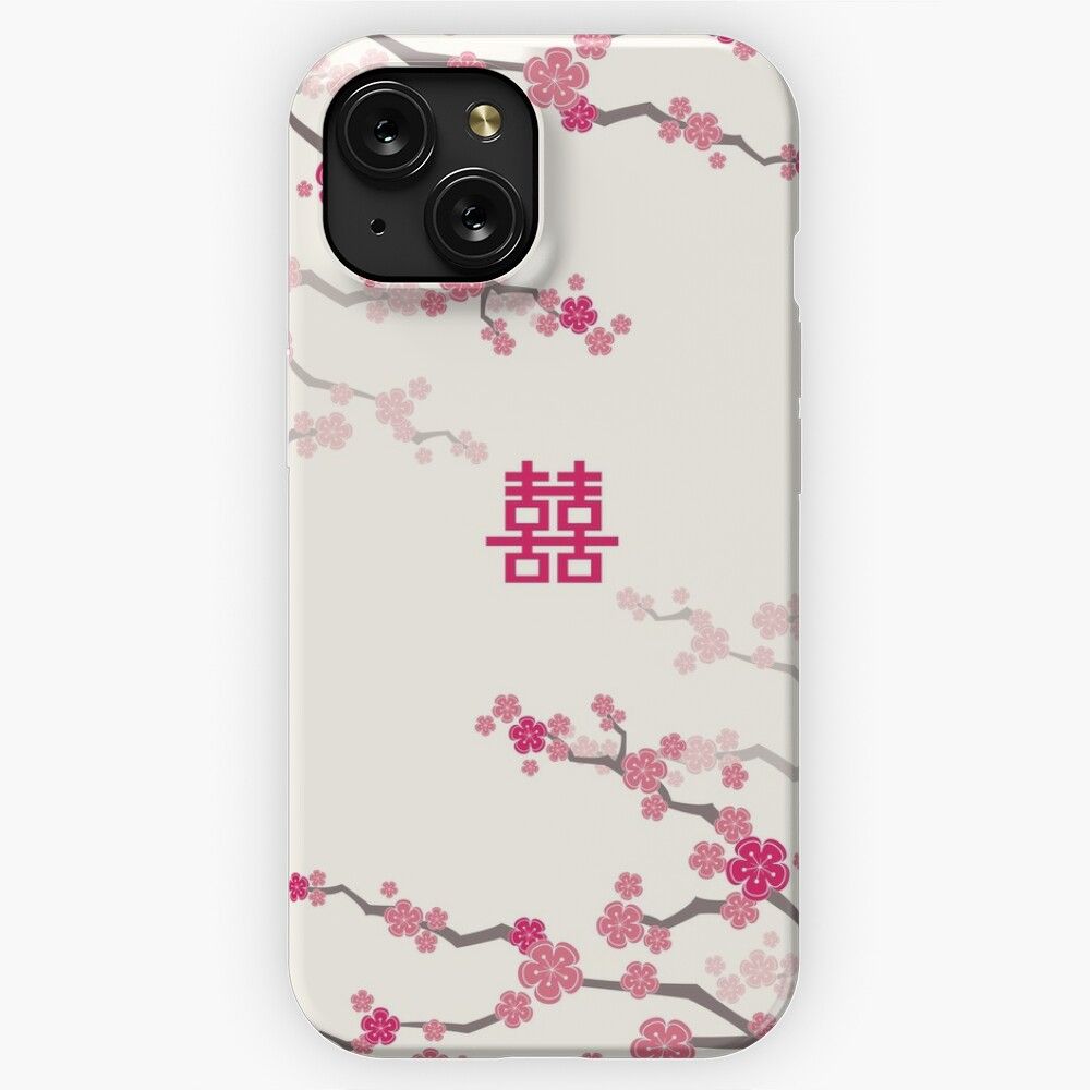 Fuchsia Pink Oriental Cherry Blossoms On Cream And Chinese Wedding Double Happiness Japanese Sakura Fatfatin iPhone 15 Slim Phone Case Cover
