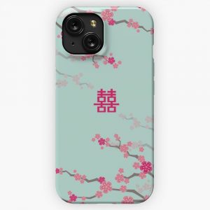 Fuchsia Pink Oriental Cherry Blossoms On Turquoise Blue And Chinese Wedding Double Happiness Japanese Sakura Fatfatin iPhone 15 Slim Phone Case Cover