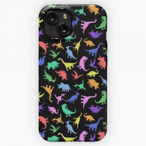 Fun Dinosaur Pattern Black Background iPhone 15 Slim Phone Case Cover