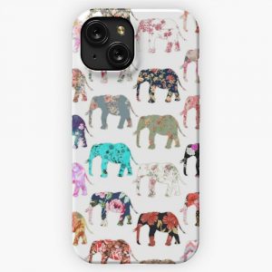 Girly Whimsical Retro Floral Elephants Pattern iPhone 15 Slim Phone Case Cover