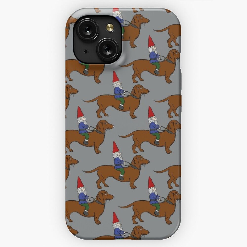 Gnome Riding A Dachshund Pattern Gray Background iPhone 15 Slim Phone Case Cover