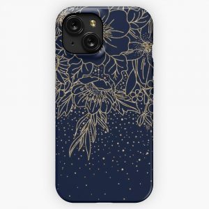 Gold Doodles Floral Confetti Navy Blue Design iPhone 15 Slim Phone Case Cover