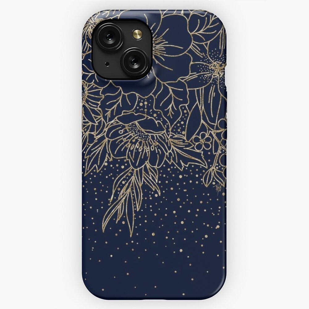 Gold Doodles Floral Confetti Navy Blue Design iPhone 15 Slim Phone Case Cover