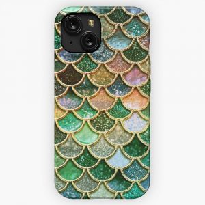 Green And Gold Spring Metal Sparkle Faux Glitter Mermaid Scales iPhone 15 Slim Phone Case Cover