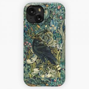 Greenery Forest Animals Raven On Acanthus Leaves Blue Green Floral iPhone 15 Slim Phone Case Cover
