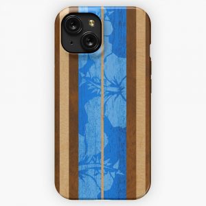 Haleiwa Hawaiian Faux Koa Wood Surfboard Ocean Blue iPhone 15 Slim Phone Case Cover