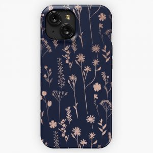 Hand Drawn Rose Gold Cute Dried Pressed Flowers Illustration Navy Blue iPhone 15 Slim Phone Case Cover