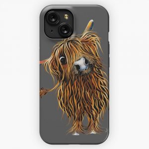 Highland Cow Print Scottish Coooweee On Grey By Shirley Macarthur iPhone 15 Slim Phone Case Cover
