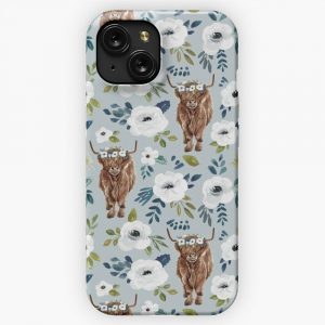 Highland Cow With Flowers Blue Floral Crown Cow Painting Farmhouse Decor iPhone 15 Slim Phone Case Cover