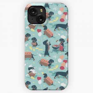 Hot Dogs And Lemonade Aqua Green Background Navy And Brown Dachshunds iPhone 15 Slim Phone Case Cover