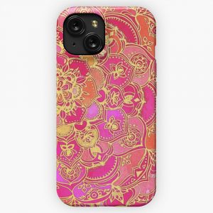 Hot Pink And Gold Baroque Floral Pattern iPhone 15 Slim Phone Case Cover