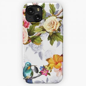 Humming Bird Roses Peony With Leaves On White iPhone 15 Slim Phone Case Cover